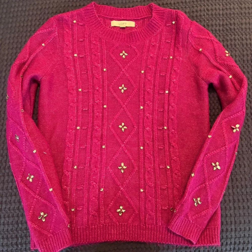 LOFT Fuchsia Beaded Cable Crewneck Sweater - Picture 1 of 4